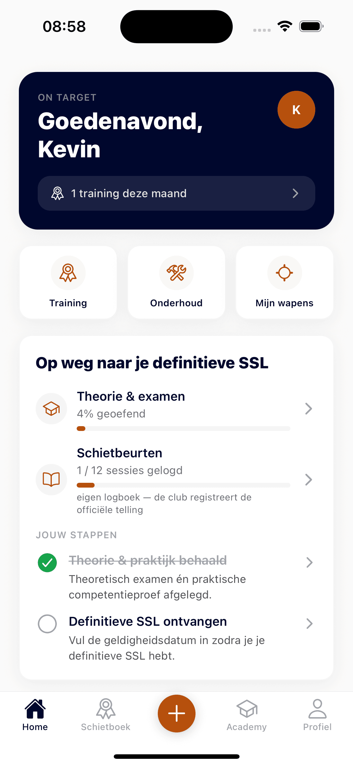 On Target home-scherm met je voortgang naar de SSL