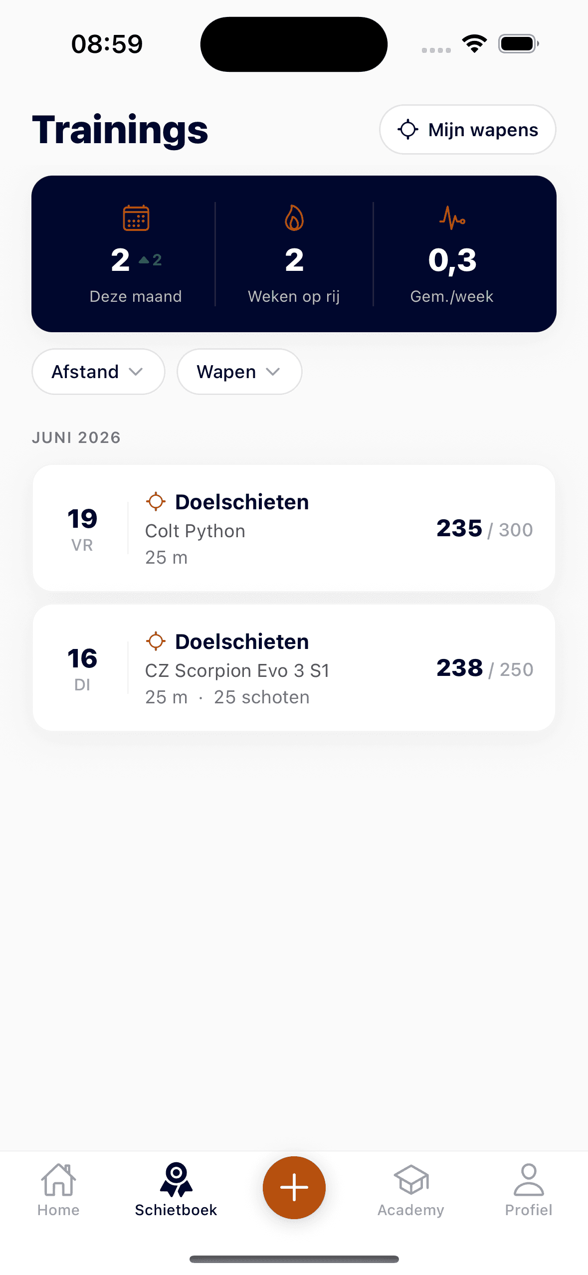 On Target Schietlog: trainingen met scores per discipline